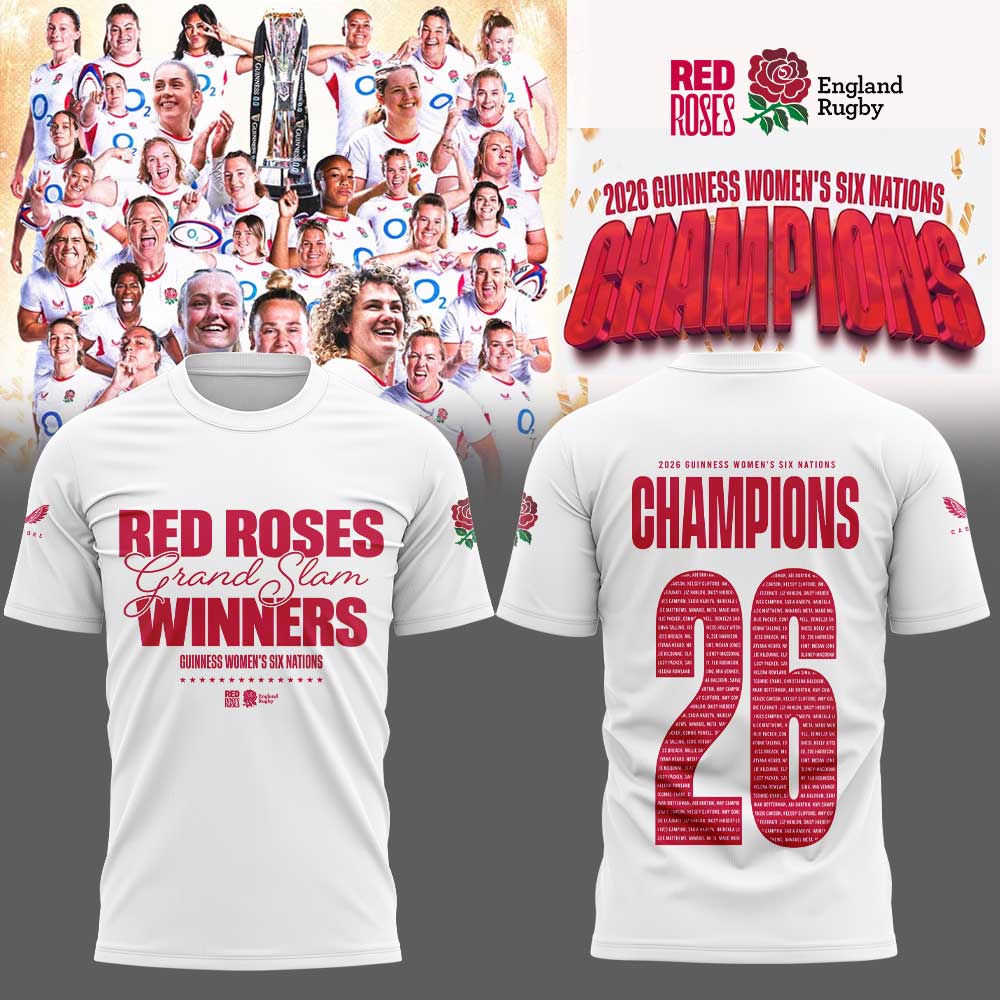 England Red Roses 2026 W6N Grand Slam Winners Graphic Champions Shirt White V2