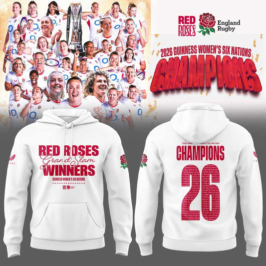 England Red Roses 2026 W6N Grand Slam Winners Graphic Champions Limited Hoodie White V2