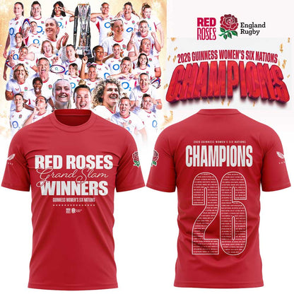 England Red Roses 2026 W6N Grand Slam Winners Graphic Champions Shirt Red V2