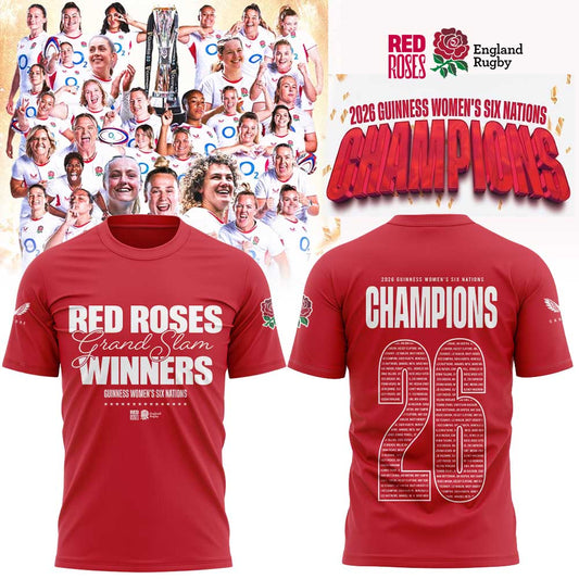 England Red Roses 2026 W6N Grand Slam Winners Graphic Champions Shirt Red V2