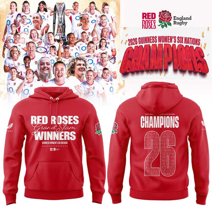 England Red Roses 2026 W6N Grand Slam Winners Graphic Champions Limited Hoodie Red V2