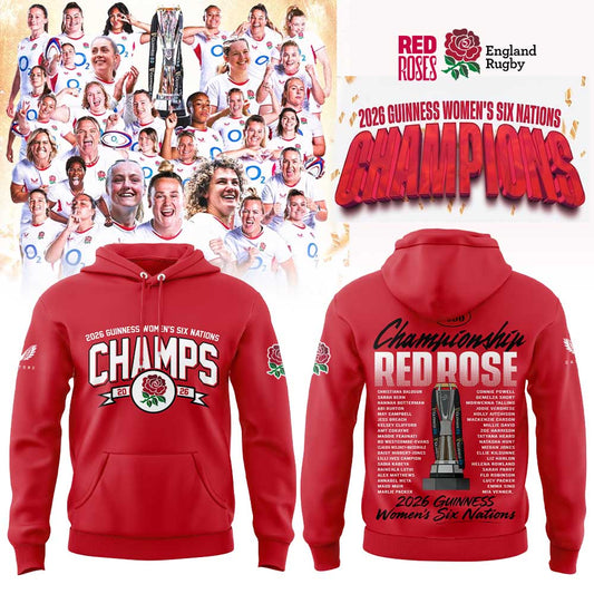 England Red Roses 2026 W6N Grand Slam Winners Graphic Champions Limited Hoodie Red
