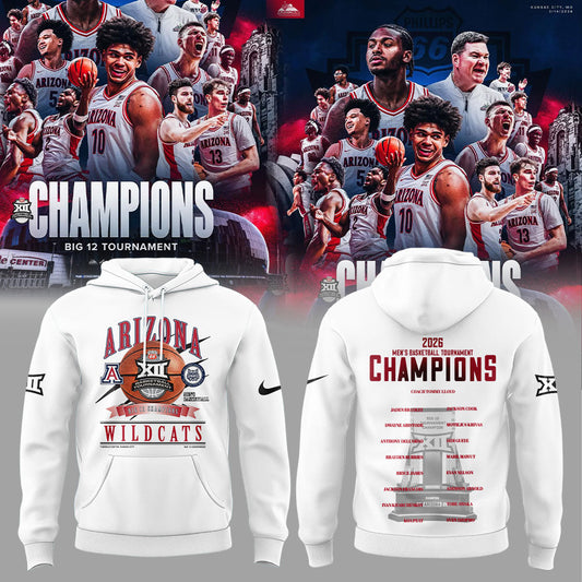 A Wildcats 2026 Big 12 Men™s Basketball Tournament Championship White Hoodie V2