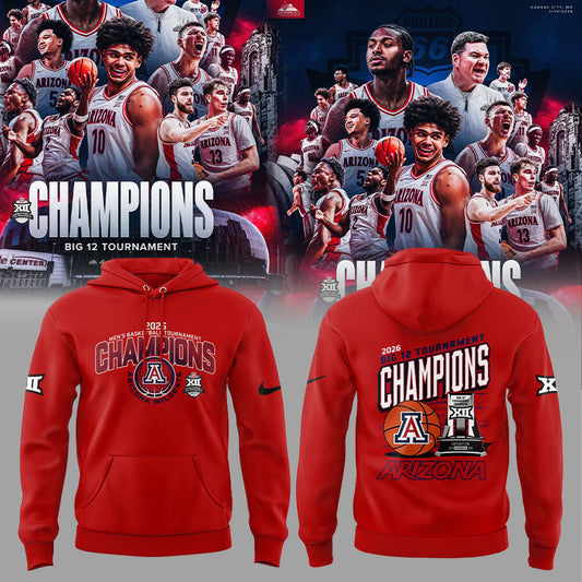 A Wildcats 2026 Big 12 Men™s Basketball Tournament Championship Red Hoodie V3