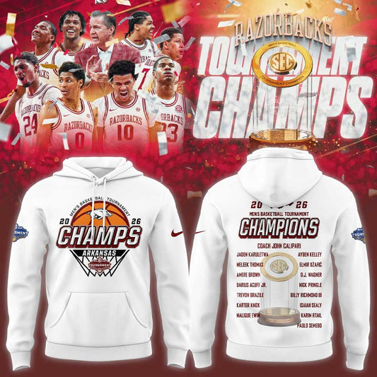 A Razorbacks Basketball 2026 SEC Men™s Basketball Tournament Champions White Hoodie