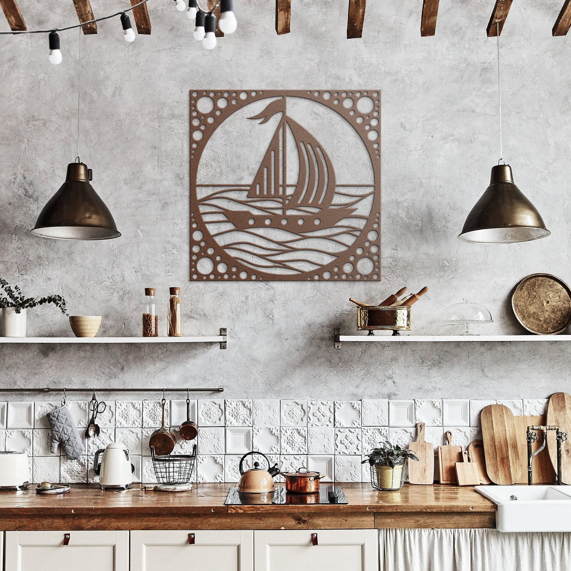 Sail Boat Metal Sign, Sea Waves Wall Decor, Sail Boat in Ocean Metal Sign, Decorative Sea View Wall Art, Wall Hanging Sea Metal Decor