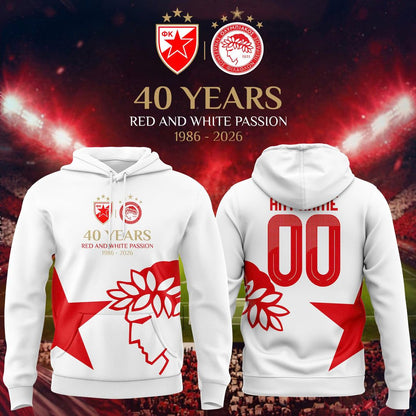 (Custom Name/Number) Olympiacos FC 40 Years of Red & White Passion Anniversary Hoodie