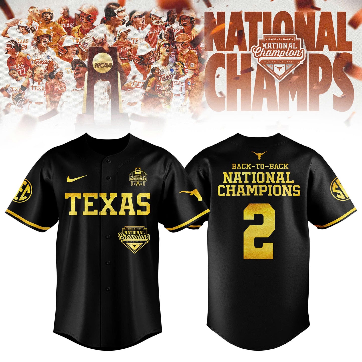 Texas 2026 NCAA Softball Women’s College World Series National Champions Limited Edition Jersey